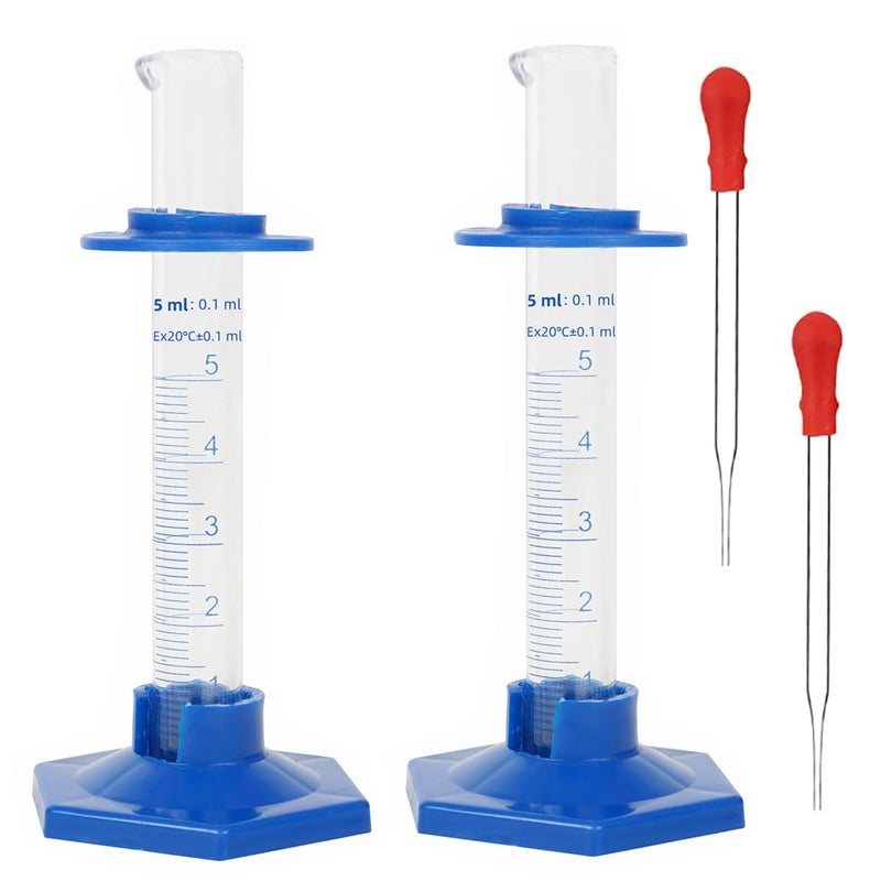 KIGITIK 2Pcs 5ml Graduated Cylinder, Thick Glass Measuring Cylinder, with Anti-Falling Plastic Base and Bumper Guards, for Science Laboratory Measuring Liquid, Bring 2 droppers - Image 1